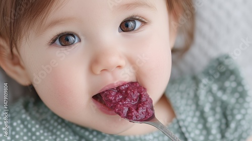 Cute baby in polka dot outfit eating nutritious purple fruit puree from a spoon, enjoying mealtime snack.