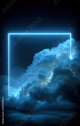 Glowing Frame Lights Up Mystical Cloudscape, Illuminates Dark Waters, Blue Glow, Ambient Lighting and Background