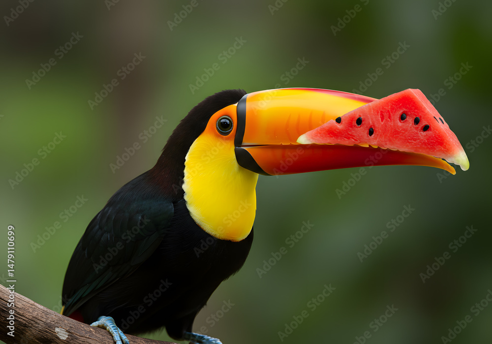 Fototapeta premium Colorful toucan bird with watermelon slice on branch in natural setting