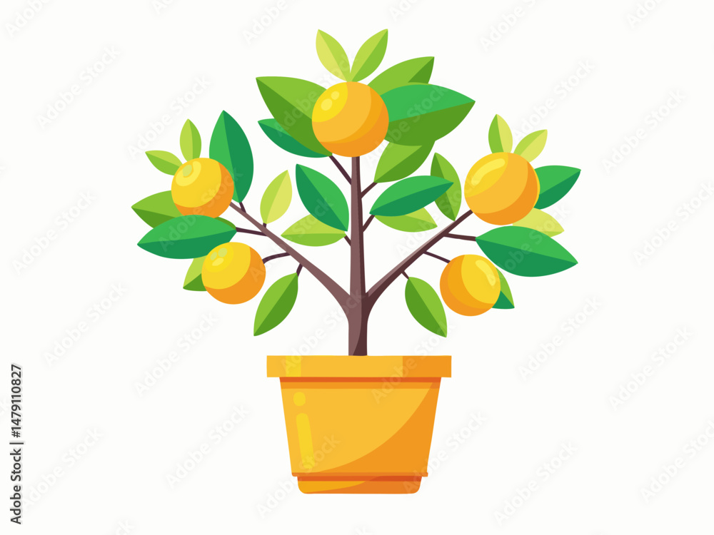 Fototapeta premium A flat vector of a small lemon tree growing in a pot with fruits. White background, vibrant and fresh indoor style