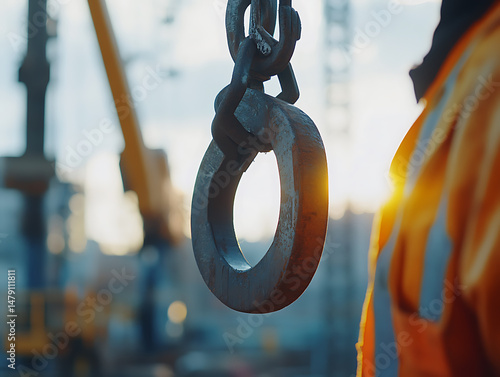 Close-up of a Crane Hook at a Construction Site