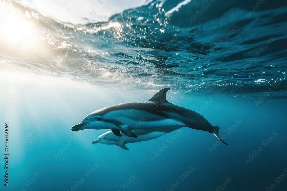 Fototapeta premium Playful dolphins swim gracefully underwater near a boat in clear blue waters, Cute playful dolphins swimming underwater near boat in Sri Lanka