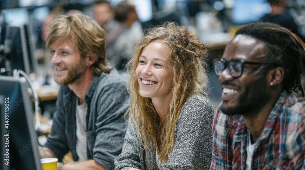 A multicultural team of employees sharing ideas and collaborating at their desks in an office environment. A multicultural team of employees sharing ideas and collaborating at their desks in an office environment.