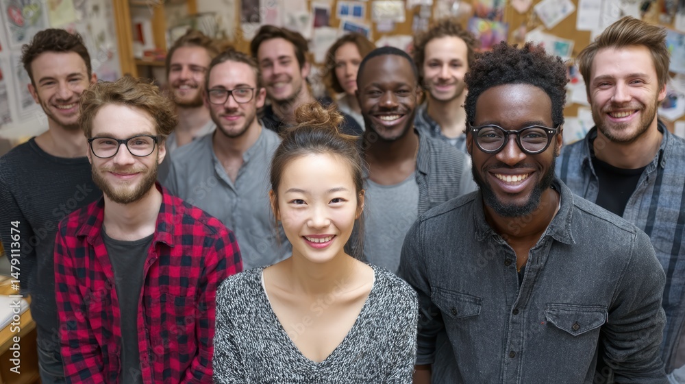 A group of diverse professionals smiling and looking at the camera in front of their creative office workspace. A group of diverse professionals smiling and looking at the camera in front of their creative office workspace.