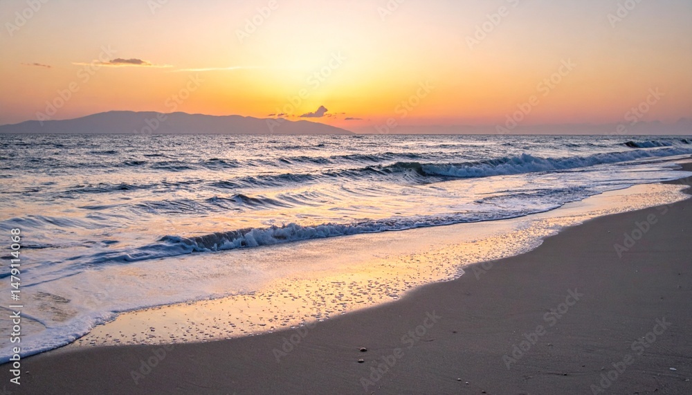 Fototapeta premium Serene Sunset Beach Scene with Soft Waves.