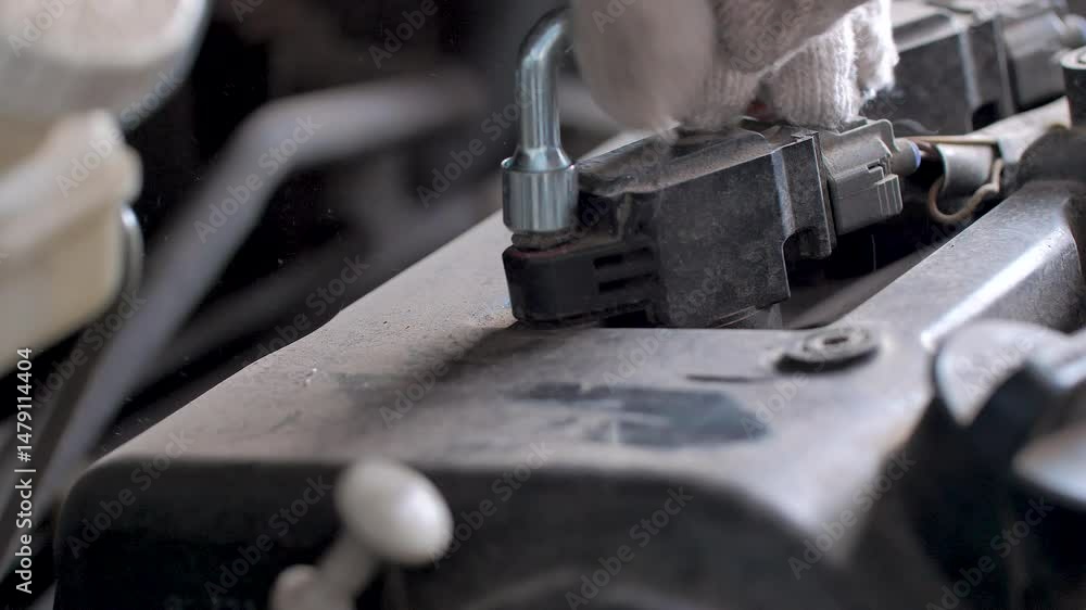 The mechanic replacing spark plugs for gasoline engines that are old and have expired will cause incomplete combustion in the engine, in soot and dirt. Changing spark plugs The mechanic replacing spark plugs for gasoline engines that are old and have expired will cause incomplete combustion in the engine, in soot and dirt. Changing spark plugs