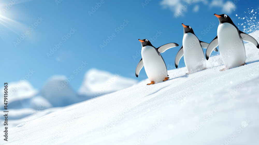 Obraz premium Three animated penguins playfully sliding on snowy landscape under bright blue sky, creating joyful and lively scene