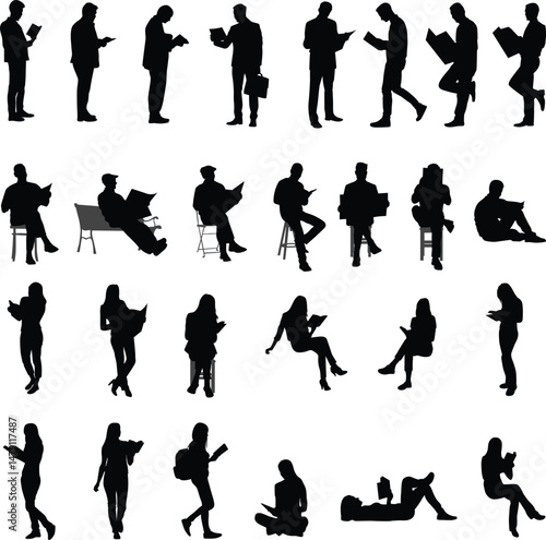 Set of person reading book silhouette illustration. People standing sitting laying off while reading a book.