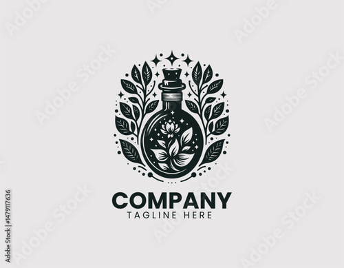 Intricate Magic Potion Bottle with Plants and Stars Vector Logo Design, Detailed Magic Elixir Bottle Plants Stars Vector Logo, , Ornate Magic Potion Bottle Herbs Stars Illustration Logo