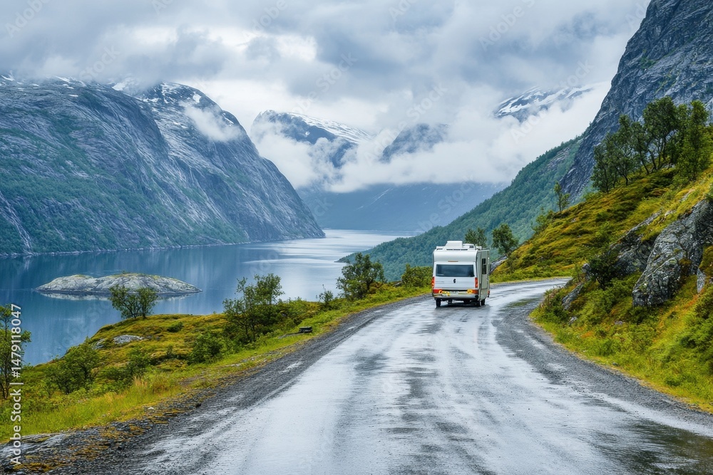 Fototapeta premium Couple enjoying a scenic mountain road trip in Norway with a camper van during a cloudy day, Couple goes on a mountain road in Norway by Campervan RV