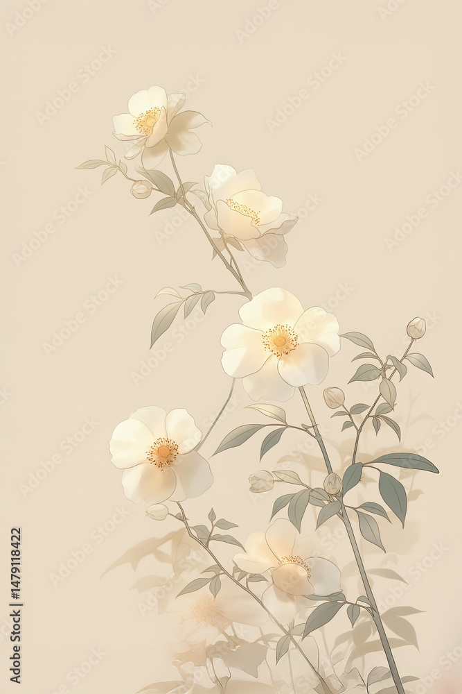 Naklejka premium Gentle blooms of pale flowers with soft green leaves against a light background in a serene setting