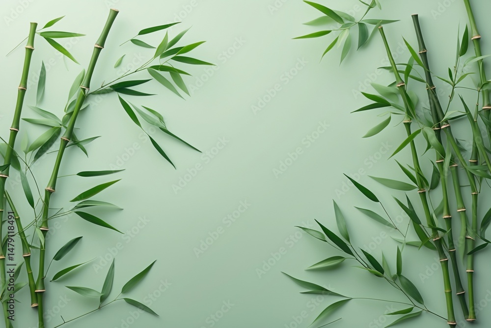 Obraz premium Green leaves scattered on a light green background. Suitable for nature themed designs, environmental concepts, wellness marketing, and organic products.