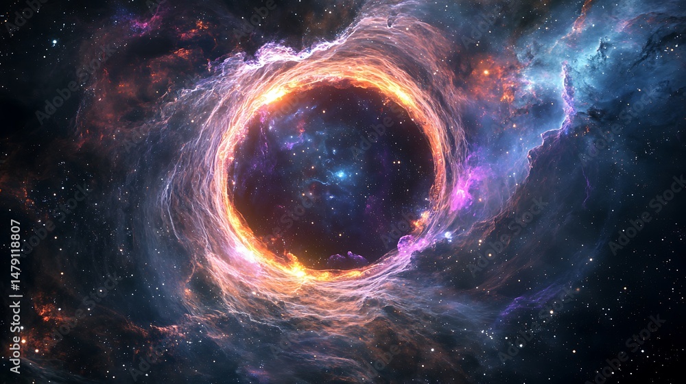 Obraz premium Mystic galaxy portal surrounded by swirling nebula currents iridescent cosmic plasma and celestial dreamscape reflections
