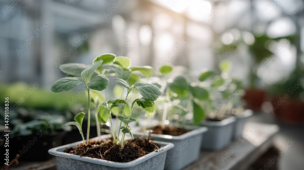 Young green plants in sunlit greenhouse with soft focus background Young green plants in sunlit greenhouse with soft focus background