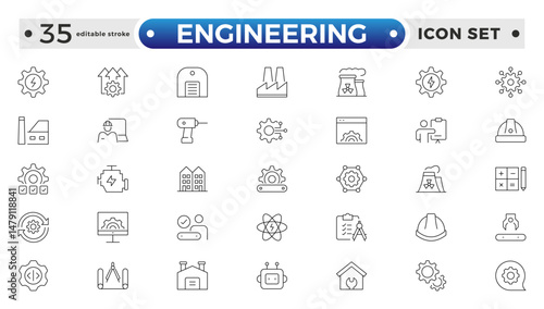 Engineering outline icon set. Future technology icon set. Containing robot, artificial intelligence, innovation, smart city, robotics, humanoid, hologram, digital world. Editable stroke outline icon.
