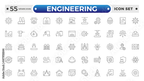 Engineering outline icon set. Future technology icon set. Containing robot, artificial intelligence, innovation, smart city, robotics, humanoid, hologram, digital world. Editable stroke outline icon.