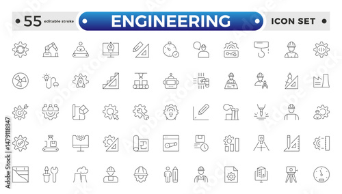 Engineering outline icon set. Future technology icon set. Containing robot, artificial intelligence, innovation, smart city, robotics, humanoid, hologram, digital world. Editable stroke outline icon.
