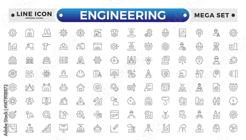 Engineering outline icon set. Future technology icon set. Containing robot, artificial intelligence, innovation, smart city, robotics, humanoid, hologram, digital world. Editable stroke outline icon.