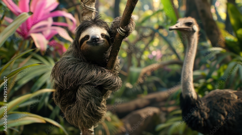 Fototapeta premium Sloth and Ostrich in Jungle