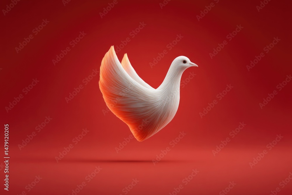 Obraz premium Elegant dove soaring against vibrant red backdrop, symbolizing p