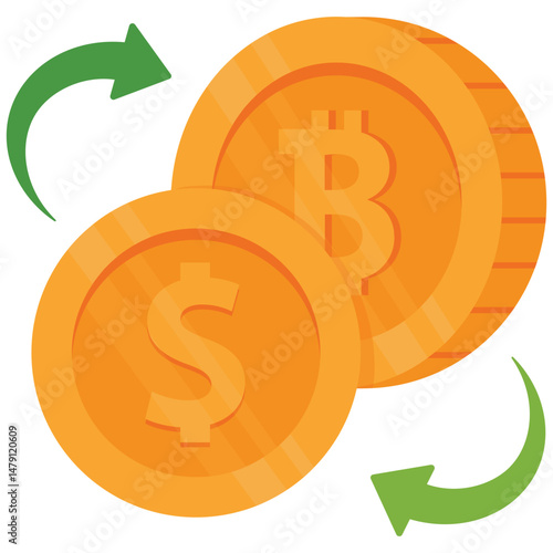 Bitcoin Element. Vector illustration of Dollar and Bitcoin coins with arrows indicating digital currency conversion. Isolated on background