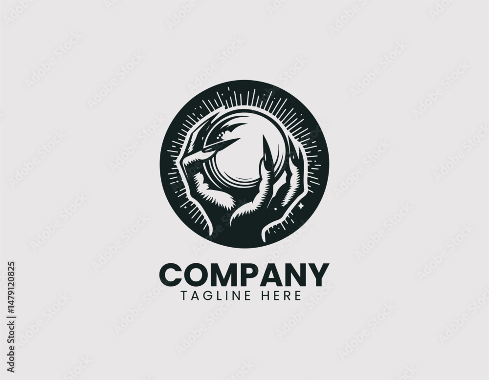 Fototapeta premium Mysterious Hand Long Nails Holding Gazing Crystal Ball Vector Logo Design, Eerie Hand Long Claws Holding Staring Crystal Orb Vector Logo, Mystical Hand Long Nails Gazing Crystal Sphere Illustration Lo