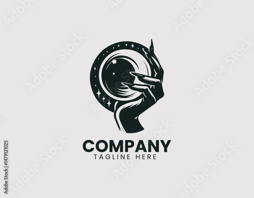 Mysterious Hand Long Nails Holding Gazing Crystal Ball Vector Logo Design, Eerie Hand Long Claws Holding Staring Crystal Orb Vector Logo, Mystical Hand Long Nails Gazing Crystal Sphere Illustration Lo