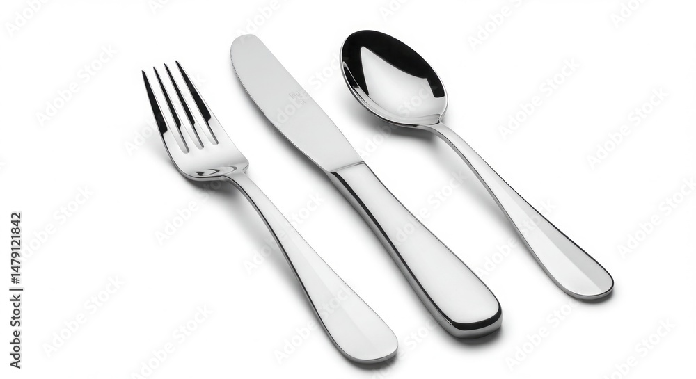 Shiny silverware set on a white background, perfect for dining and culinary themes. Shiny silverware set on a white background, perfect for dining and culinary themes.