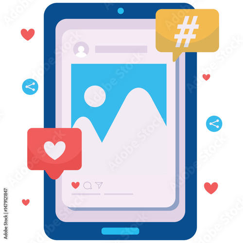 Social Media Marketing. Vector illustration of A smartphone displaying a post with engagement icons like likes, hashtags, and shares floating around. Isolated on background