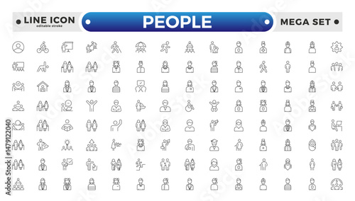 People outline icon set. Containing group, family, human, team, community, friends, population and senior icons. Editable stroke outline icon.
