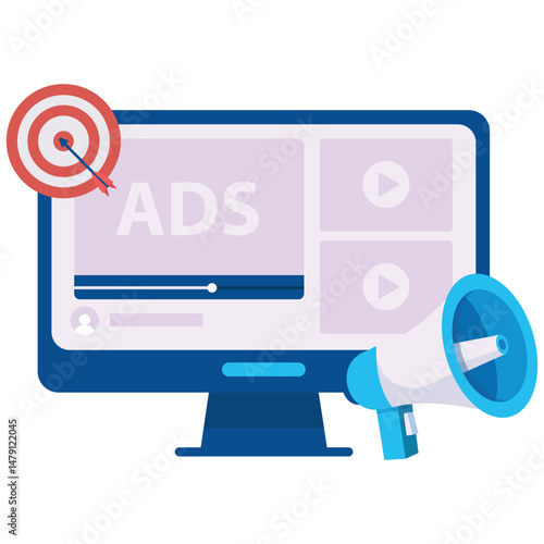 Social Media Marketing. Vector illustration of A desktop screen shows a video ad and a bullseye target symbolizing focused digital advertising. Isolated on background