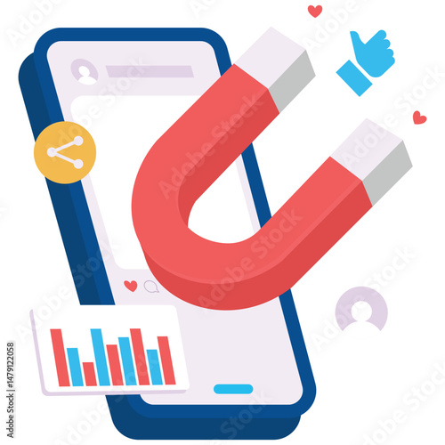 Social Media Marketing. Vector illustration of A magnet attracts social media icons and charts on a smartphone, illustrating digital engagement. Isolated on background