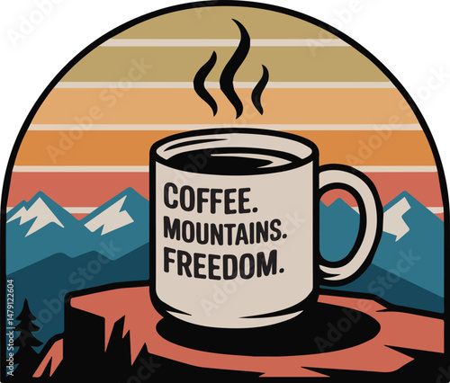 Retro Vintage coffee mountain freedom adventure mug vector, coffee mountain freedom adventure mug for t-shirt