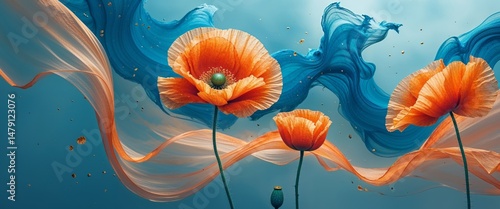 Two orange poppies with gold accents on a flowing blue abstract background.