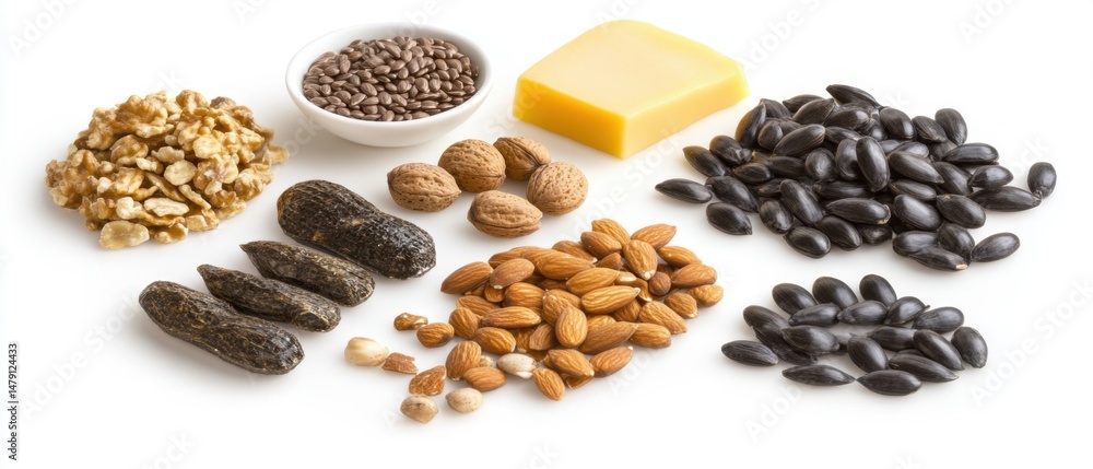 Obraz premium Assorted Nuts and Seeds Displayed on White Background Studio Shot Featuring Walnuts Almonds Peanuts Sunflower Seeds Flax Seeds and Cheese