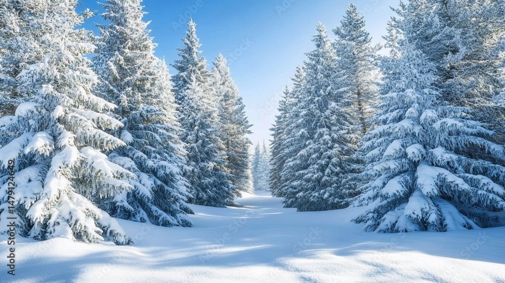Naklejka premium Snowy forest path under clear sky