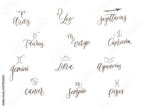 Zodiac signs set and letterings. Hand drawn horoscope astrology symbols, grunge textured design, typography print, vector illustration on chalkboard background.