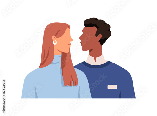 Man and woman face-to-face. Male vs female rivalry concept. Serious eye contact, confrontation. People looking at each other, side view. Flat graphic vector illustration isolated on white background