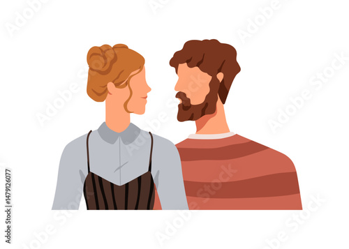 Man and woman profiles, meeting, looking at each other. Couple standing closely together, side view. Female and male communication, relationships. Flat vector illustration isolated on white background