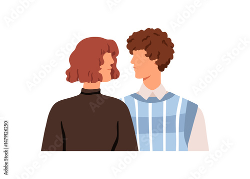 Man and woman couple in profile, face-to-face meeting. Young love partners looking at each other. Eye contact, intimate communication concept. Flat vector illustration isolated on white background