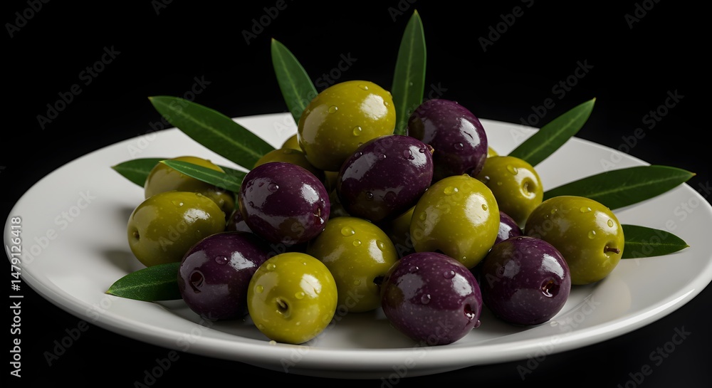 Obraz premium Green and Purple Olives on White Plate