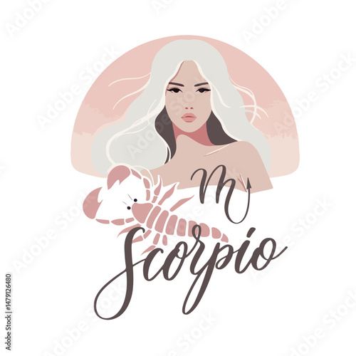 Zodiac girl Scorpio. Vector astrological signs as a beautiful woman. Future telling, horoscope, alchemy, spirituality, occultism, fashion.