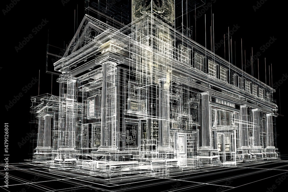 Fototapeta premium Digital wireframe model of a high-tech library, offering interactive features for students and researchers.
