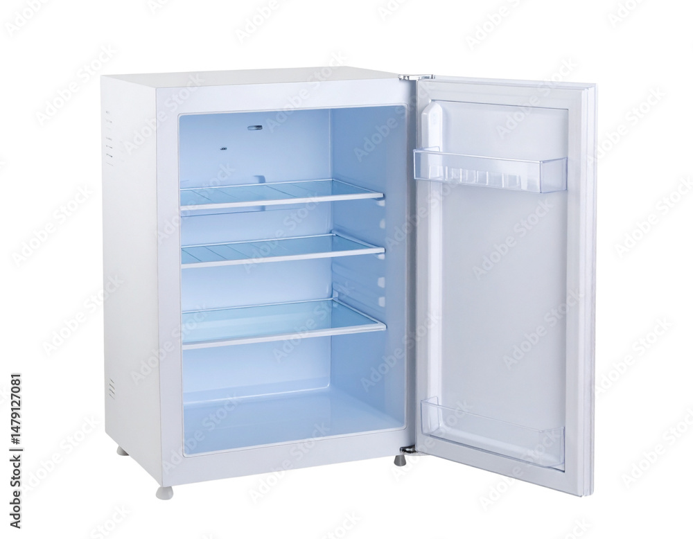 An empty white refrigerator with the door open, displaying multiple shelves and storage compartments. An empty white refrigerator with the door open, displaying multiple shelves and storage compartments.