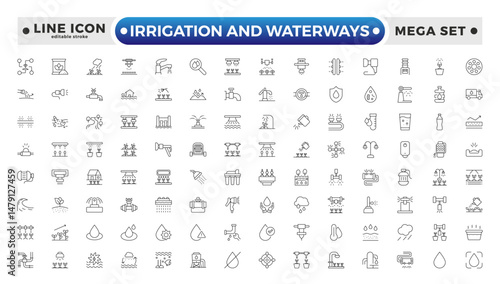 irrigation and waterways icon set. Includes drip, pipe, irrigation, and More. Editable stroke outline icon.