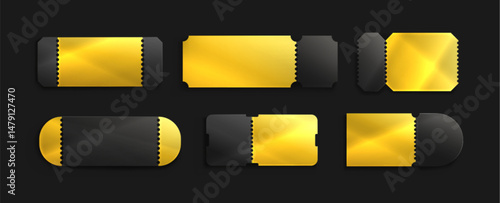 Golden ticket templates set for luxury promotions - blank shiny gold tear off coupons, vouchers and passes with scalloped edges perforations. Bright yellow vip concert admission or boarding pass.