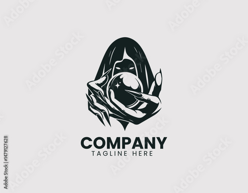 Mysterious Hand Long Nails Holding Gazing Crystal Ball Vector Logo Design, Eerie Hand Long Claws Holding Staring Crystal Orb Vector Logo, Mystical Hand Long Nails Gazing Crystal Sphere Illustration Lo