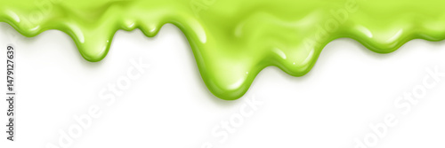 Melting ice cream green slime goo oozing downwards. Viscous liquid dripping slippery texture. Tasty dessert droplets flow smoothly. Cool refreshing sweet frozen dairy treat melts into gooey mess.