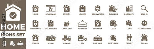 Home icon set or pack. home, for rent, smart home, family, searchcleaning, key, moving, energy, , property, loan, town, landlord, insurance, location, mortgage, for sale and more. Solid vector icons.