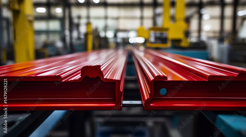custom made wallpaper toronto digitalClose-up of two vibrant red metal components on a factory production line.